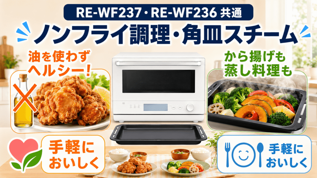 どちらを選んでも大満足!RE-WF237とRE-WF236に共通する優秀な機能 ヘルシーに仕上がる「ノンフライ調理・角皿スチーム」