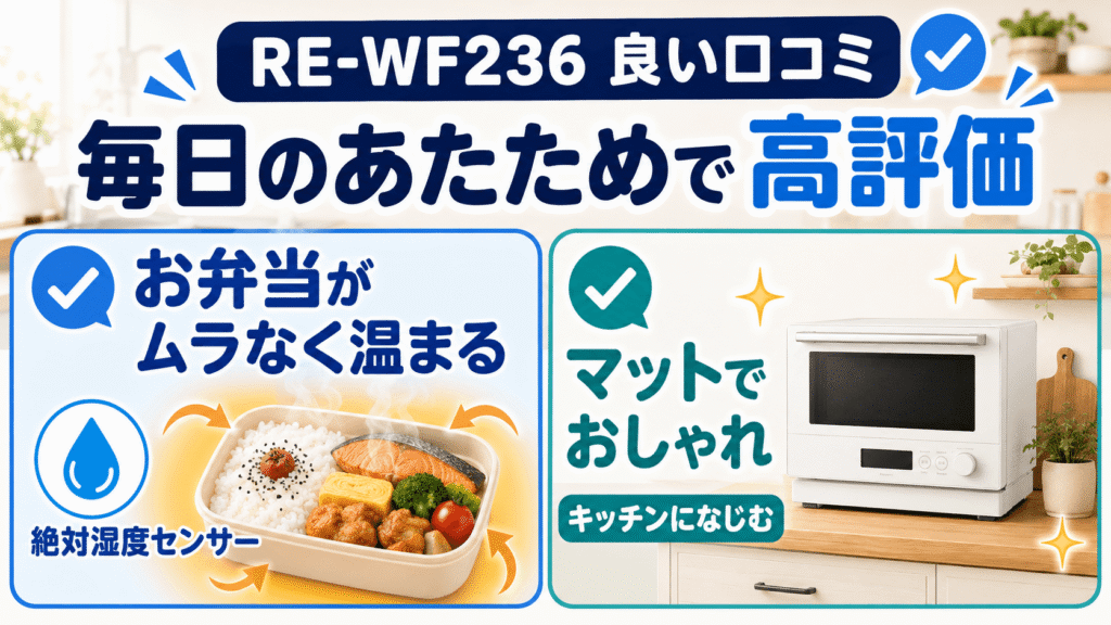 リアルな声を確認!型落ち「RE-WF236」の口コミ・評判 良い口コミ:あたためムラがなくデザインもおしゃれ