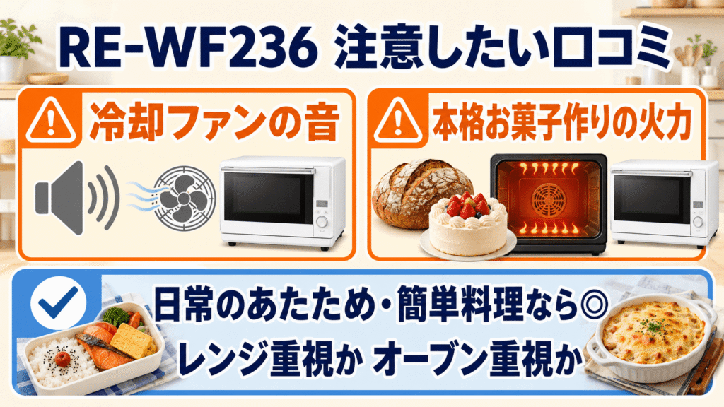 リアルな声を確認!型落ち「RE-WF236」の口コミ・評判 悪い口コミ:動作音や本格的なオーブン機能への不満