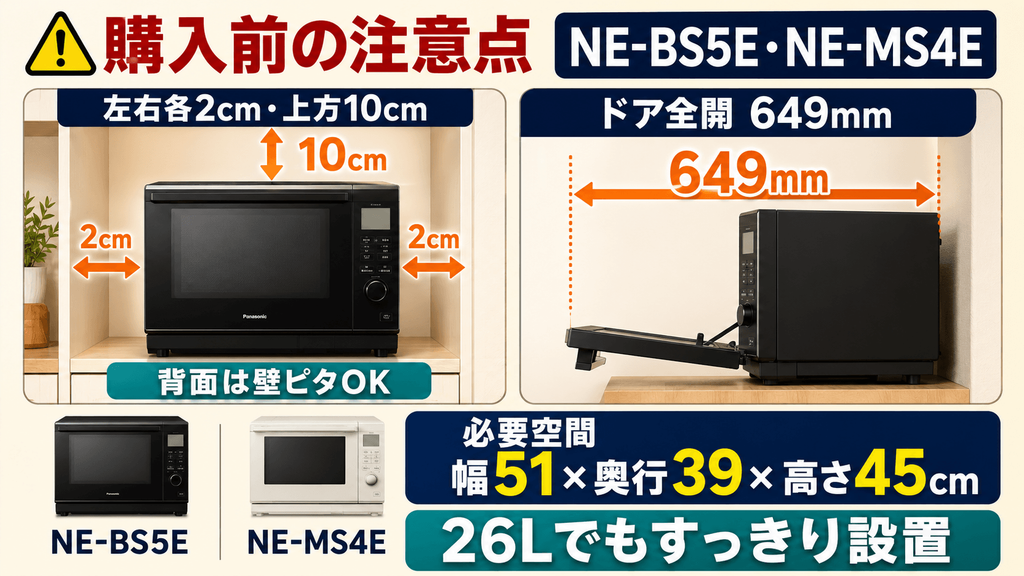 NE-BS5EとNE-MS4Eの購入前に必ず確認したい注意点 設置には左右各2cm・上方10cmのスペースと扉の開閉スペースが必要