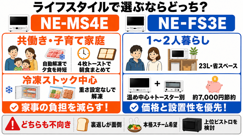 ライフスタイルで比較!NE-MS4EとNE-FS3Eはどっちがあなた向き?