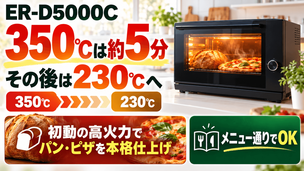 ER-D5000Cの購入前に確認したい注意点　最高350℃での連続運転は約5分間に制限されその後は自動で230℃に切り替わる