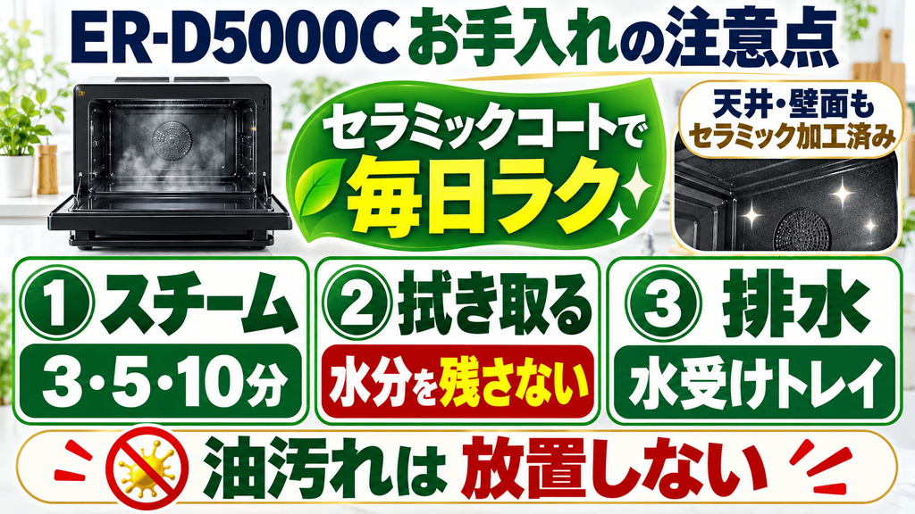 ER-D5000Cの購入前に確認したい注意点　セラミックコート仕様でも油汚れは放置せずスチームコースで定期的に掃除する