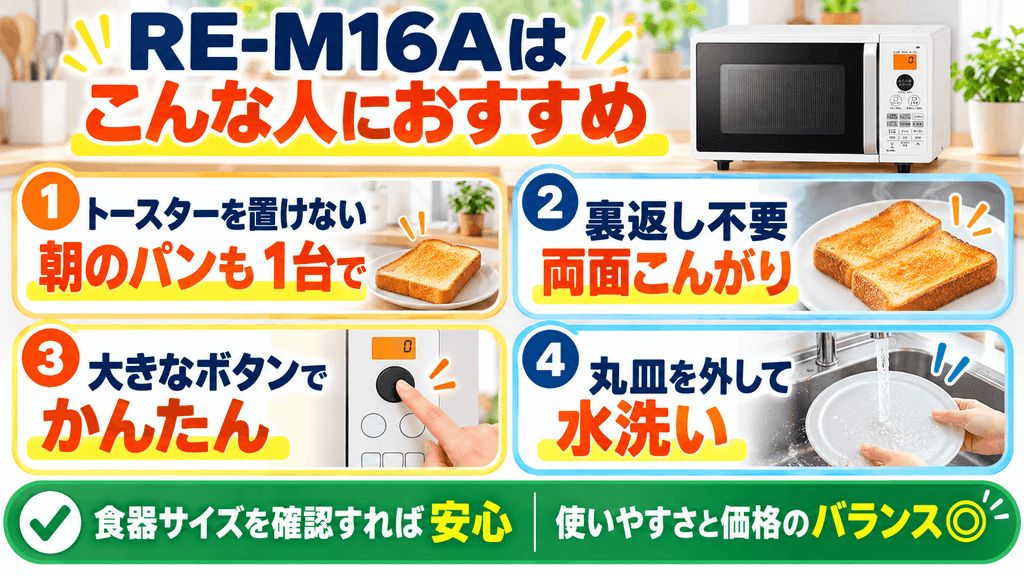 まとめ:RE-M16Aは「使う食器のサイズ」と「トースト重視」で選べば失敗なし