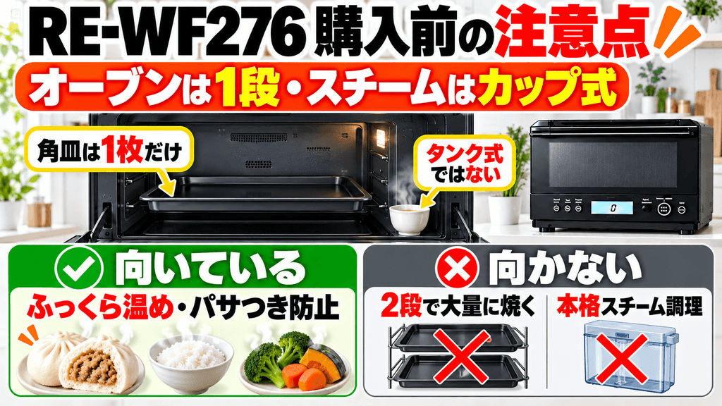 RE-WF276を購入する前に確認したい注意点 オーブンは1段調理、スチームはカップ式